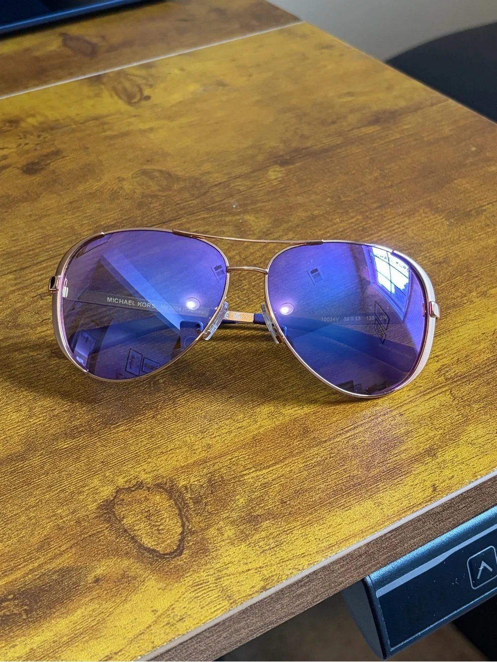 Michael Kors Rose Gold Aviator Sunglasses with Purple Gradient Lenses